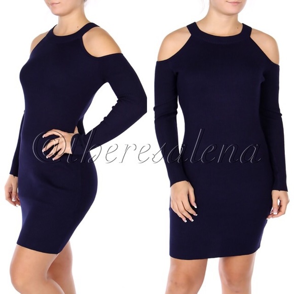 Navy Long Sleeve Cold Shoulder Knit Dress - Picture 1 of 1